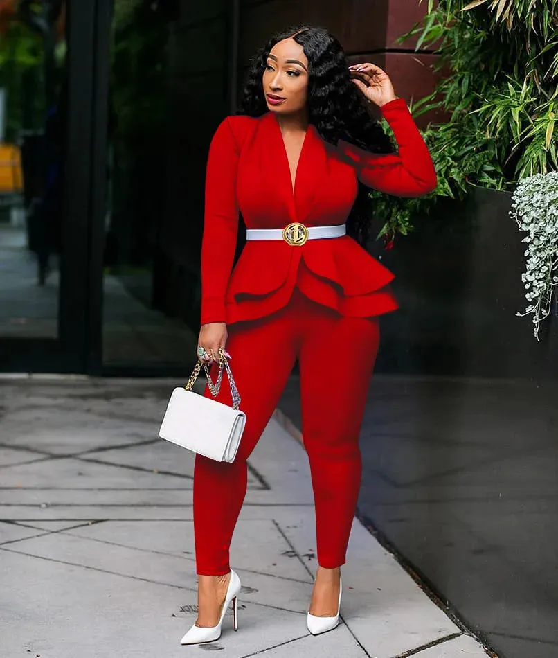 Winter Women's Set Tracksuit Full Sleeve Ruffles Blazers Pencil Pants Suit Two Piece Set Office Lady Outfits Uniform