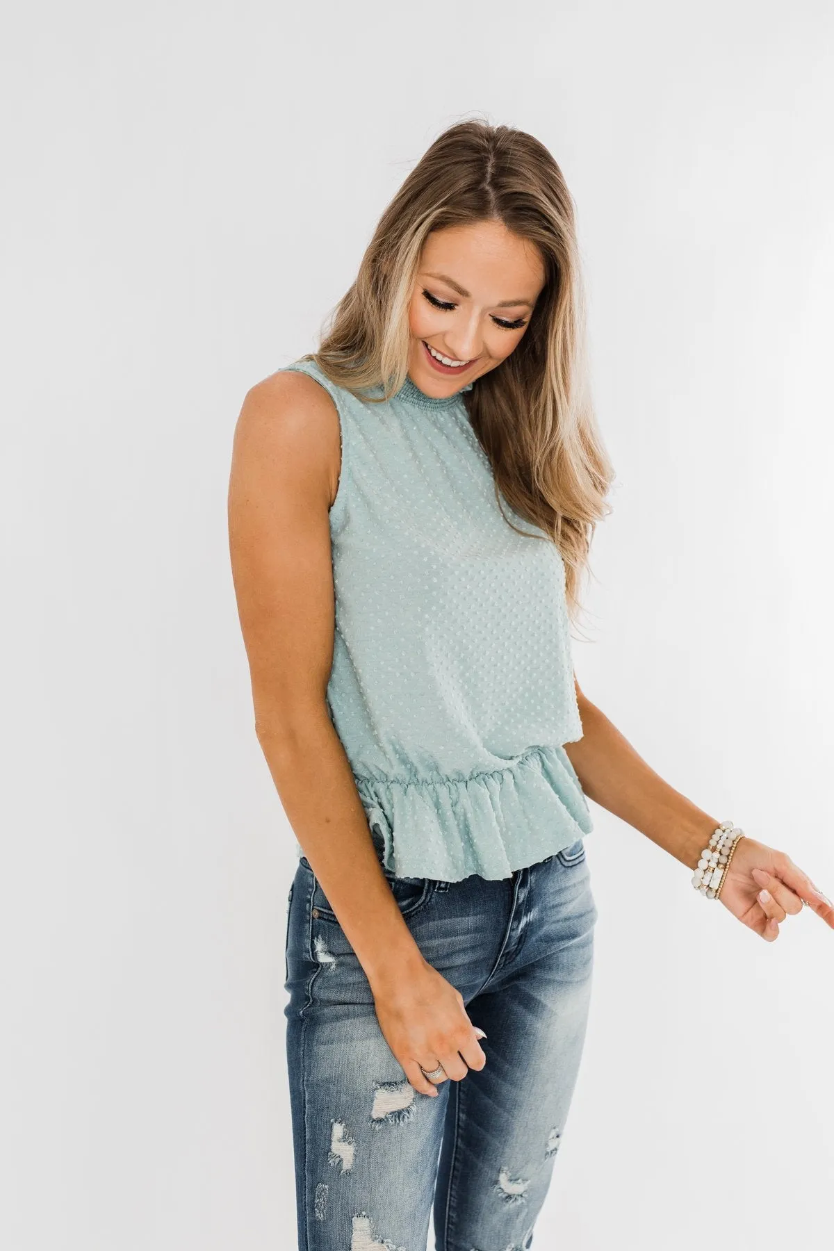 Wish Me Well Swiss Dot Tank Top- Soft Blue