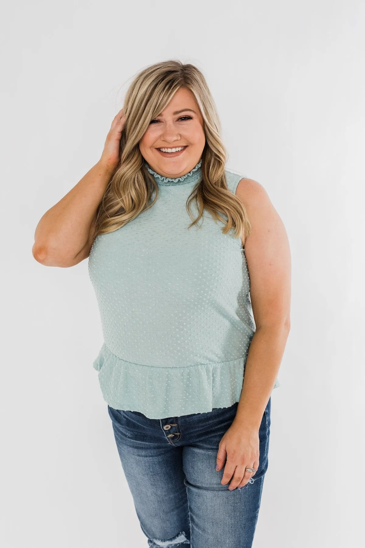 Wish Me Well Swiss Dot Tank Top- Soft Blue