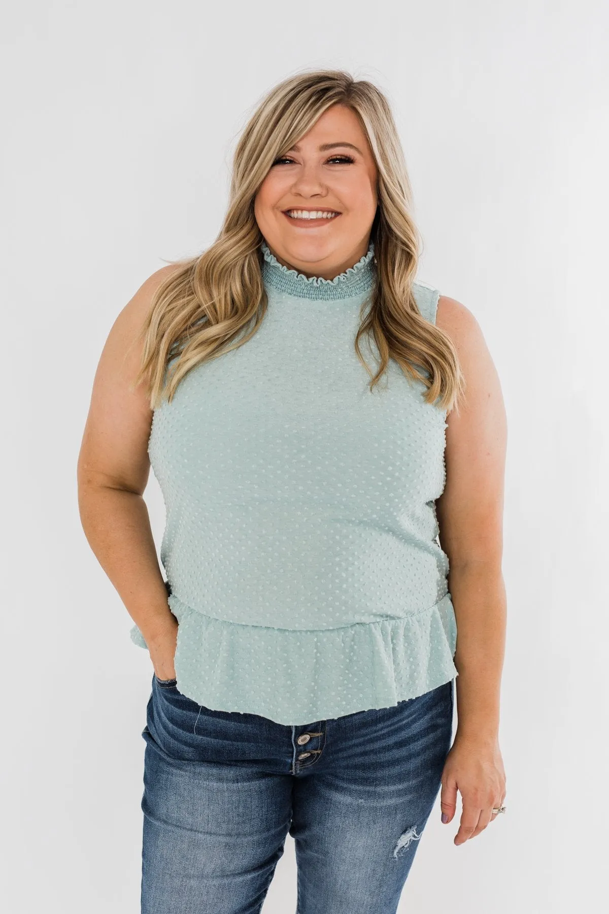 Wish Me Well Swiss Dot Tank Top- Soft Blue