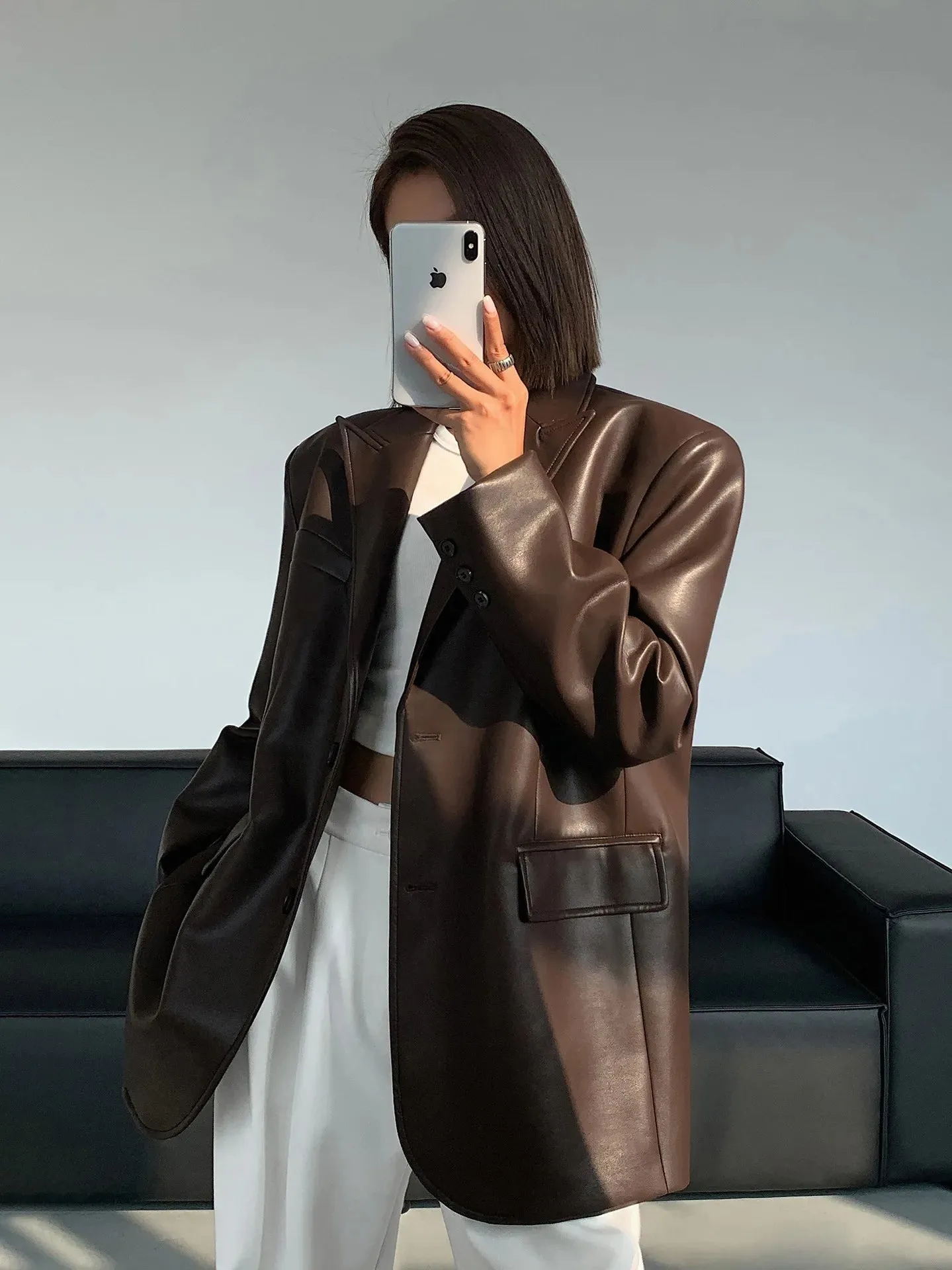 Women Black Brown Soft PU Leather Blazer Shoulder Pads Long Sleeve Single Breasted Loose Casual Jacket Tops Korean Fashion Coat