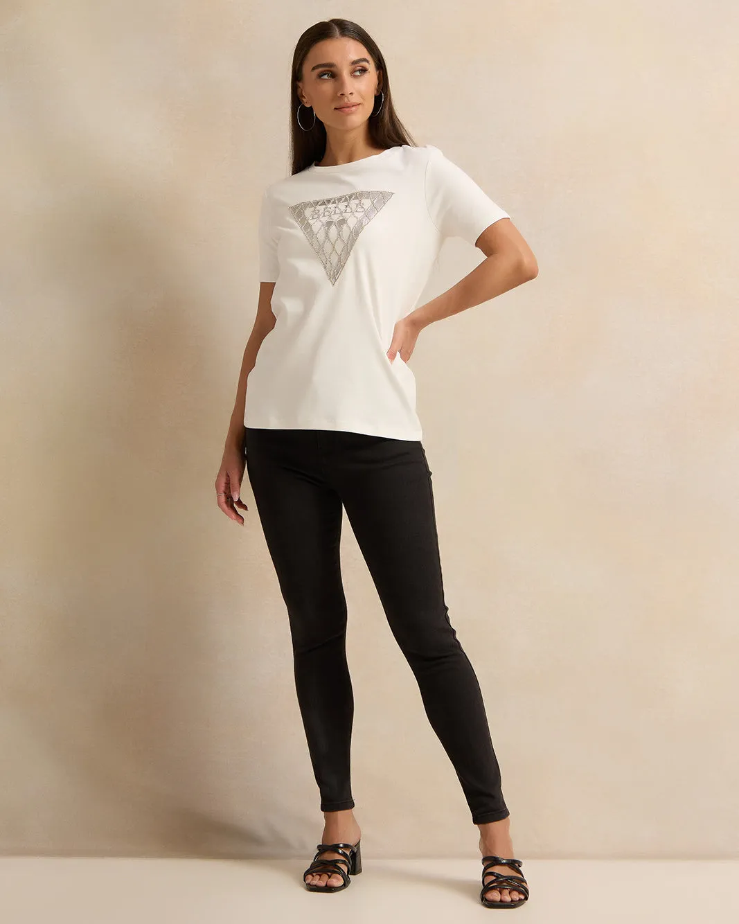 Women Ivory Embellished T-Shirt