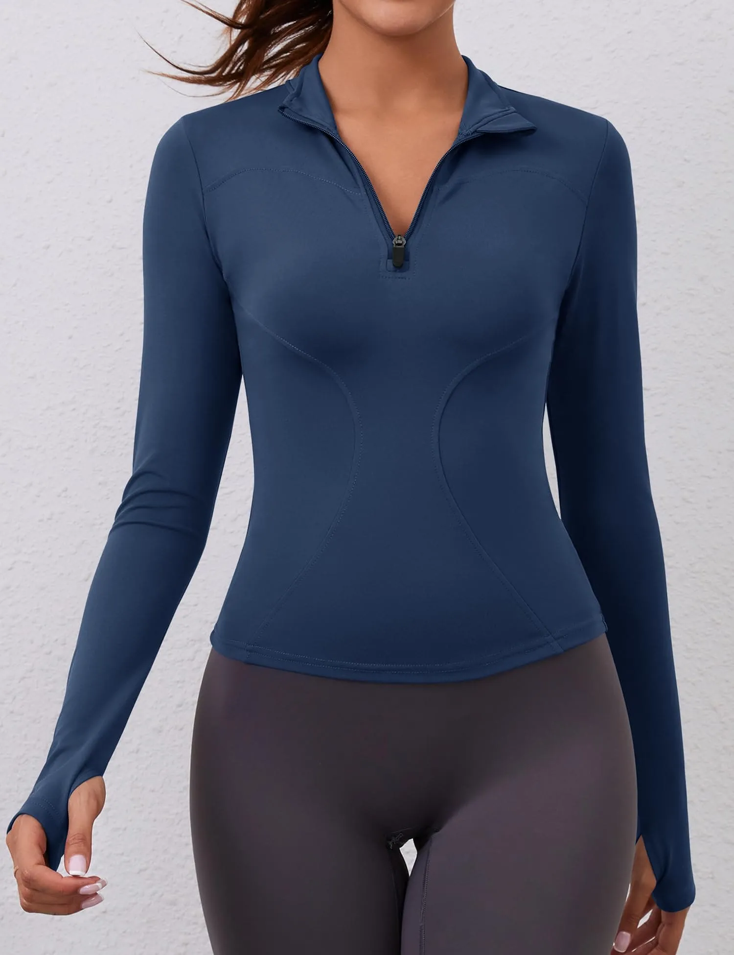 Womens Athletic Tops Quarter Zip Pullover Long Sleeve Cropped Workout Golf Running Shirts(Navy)