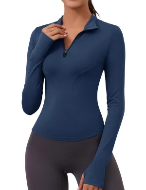 Womens Athletic Tops Quarter Zip Pullover Long Sleeve Cropped Workout Golf Running Shirts(Navy)
