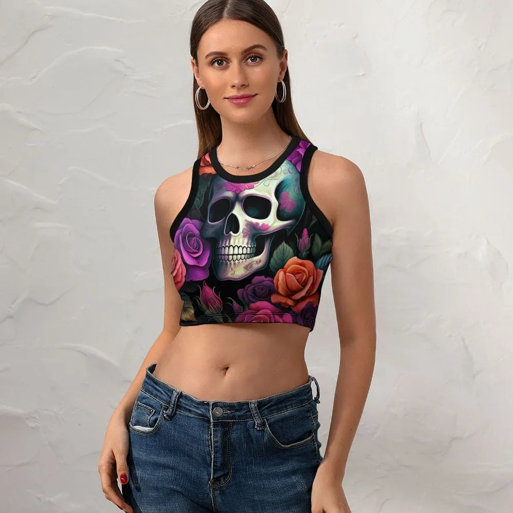 Women's Floral Skull Cropped Slim Racer Back Tank Top