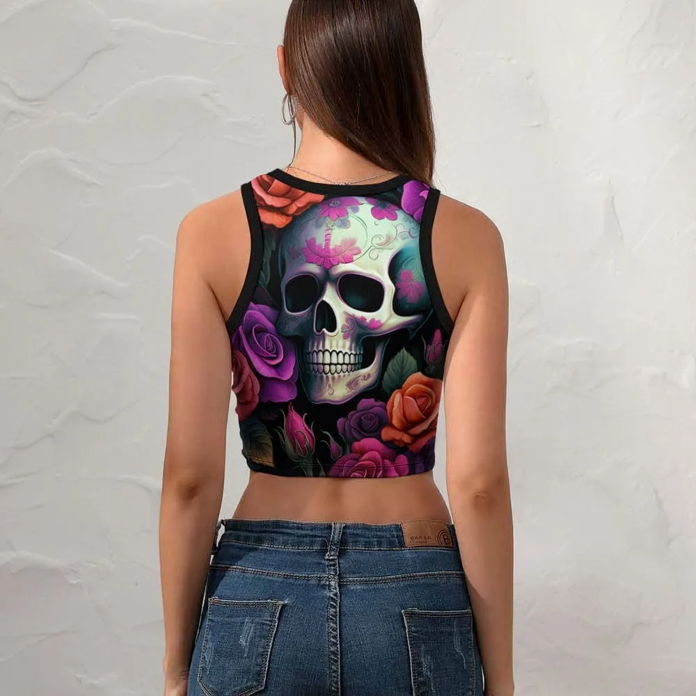 Women's Floral Skull Cropped Slim Racer Back Tank Top