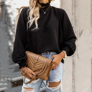 Women's Long Sleeve Ruffle Cuffs and Turtleneck - Black