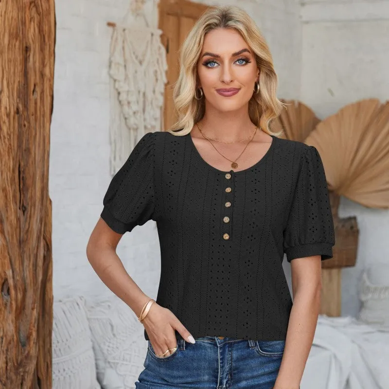 Women's T-Shirts Short Sleeve Round Neck Button Top