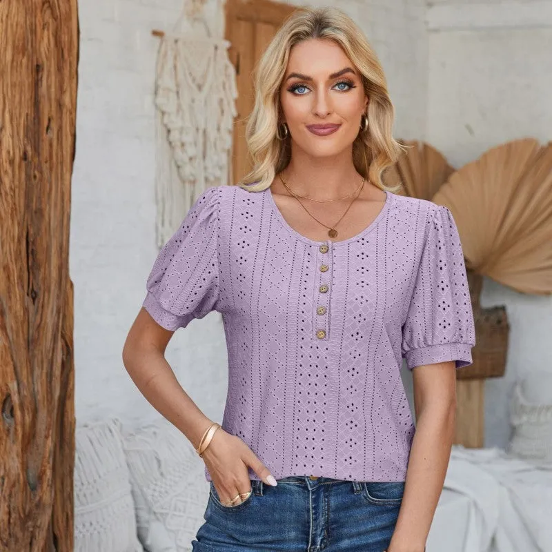 Women's T-Shirts Short Sleeve Round Neck Button Top