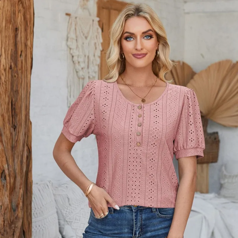 Women's T-Shirts Short Sleeve Round Neck Button Top