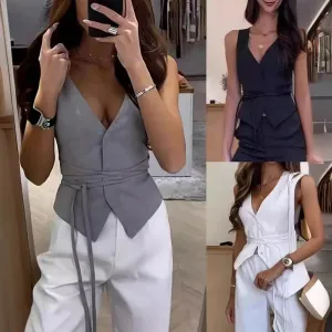 Women's Vest Sleeveless Blazers Elegant Streetwear Solid Color