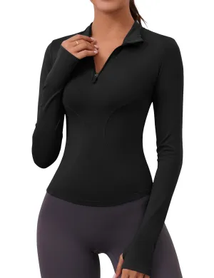 Workout Shirts Women Long Sleeve Yoga Tops Sports Running Shirts Half Zip Pullover Athletic Top Slim Fit Cropped(Black)