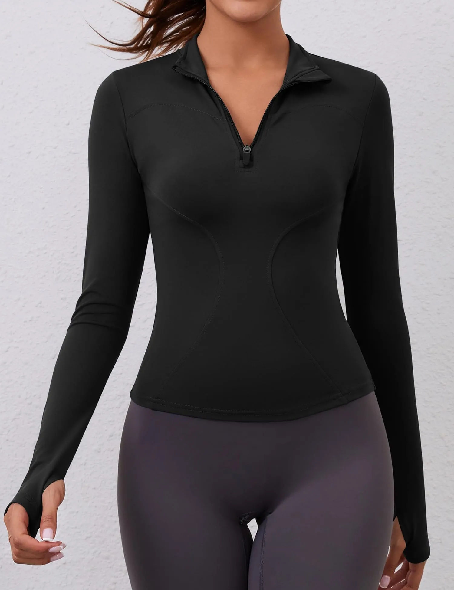 Workout Shirts Women Long Sleeve Yoga Tops Sports Running Shirts Half Zip Pullover Athletic Top Slim Fit Cropped(Black)