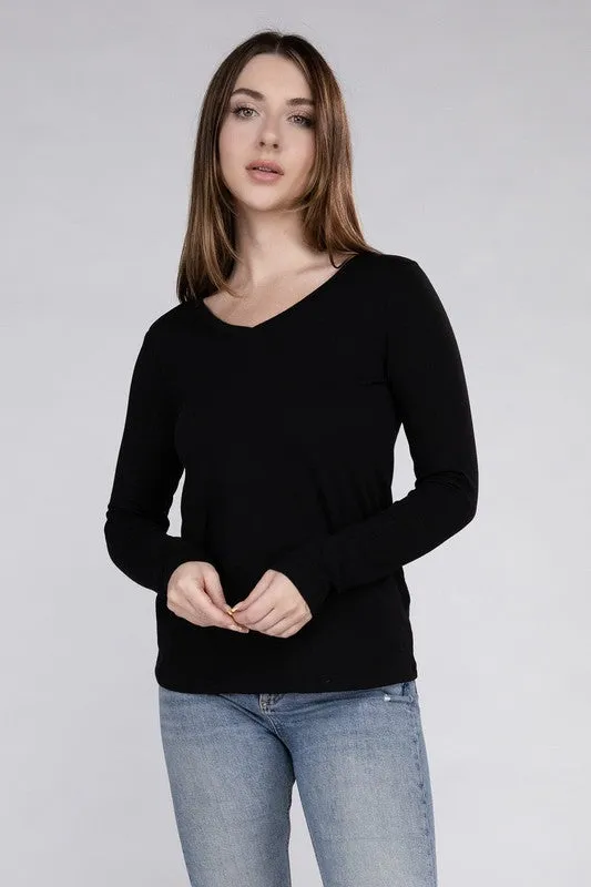 ZENANA Cotton V-Neck Long Sleeve T-Shirt