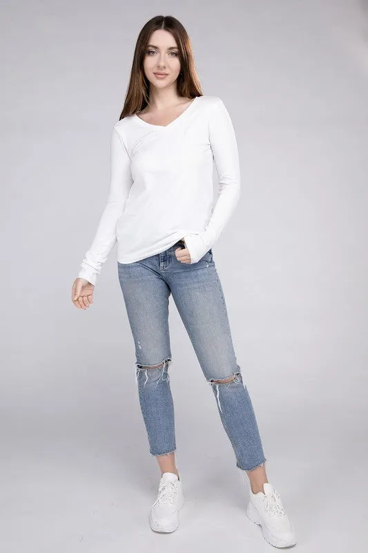 ZENANA Cotton V-Neck Long Sleeve T-Shirt